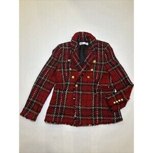ZARA Red Tartan Plaid Tweed Blazer Jacket Frayed Dark Academia 8602/417 Medium